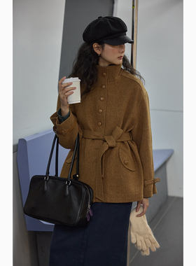 solighter 法式全羊毛立领短款毛呢外套女秋冬新款灰色收腰外套