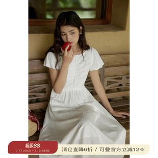 solighter 法式莱赛尔提花一字领抽褶连衣裙夏季泡泡袖收腰长裙