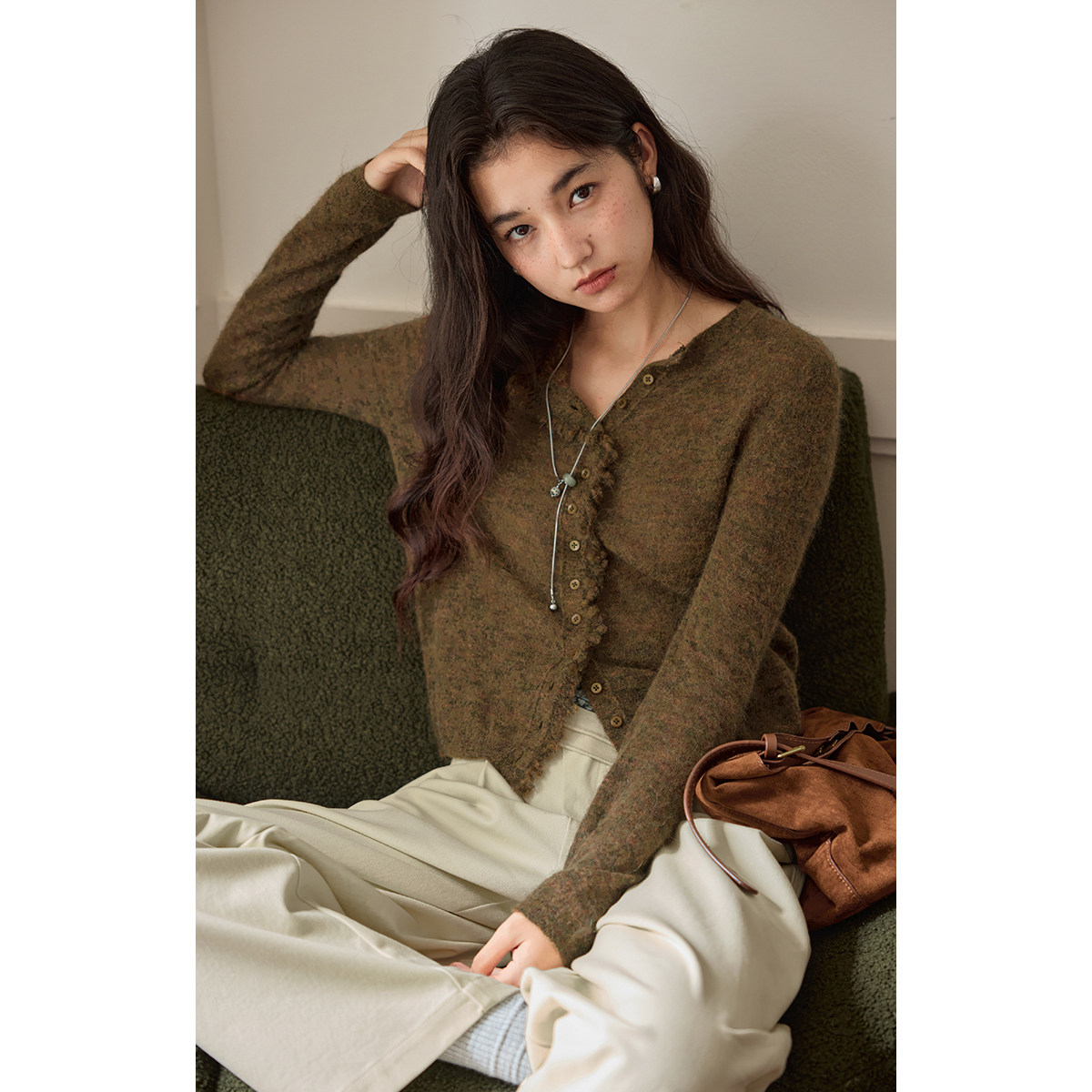 solighter羊毛木耳边针织开衫