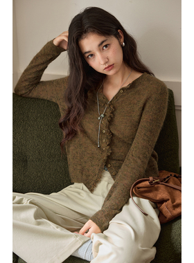 solighter 羊驼毛羊毛木耳边针织开衫女秋冬2025新款圆领针织衫