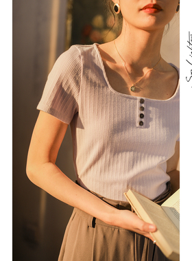 solighter法式温柔风方领T恤短袖女坑条冰丝提花修身紫色针织上衣