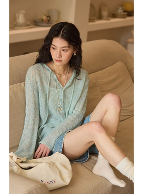 solighter 法式天丝羊毛绿色针织衫女秋季2025新款薄款针织上衣