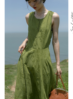 solighter 背心吊带连衣裙气质无袖绿色显瘦露锁骨美背长裙夏季
