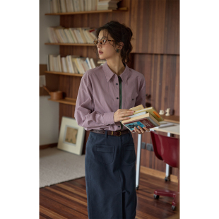 复古撞色竖条纹衬衫 solighter法式 女春5H1006C01X1 鹦鹉梨严选