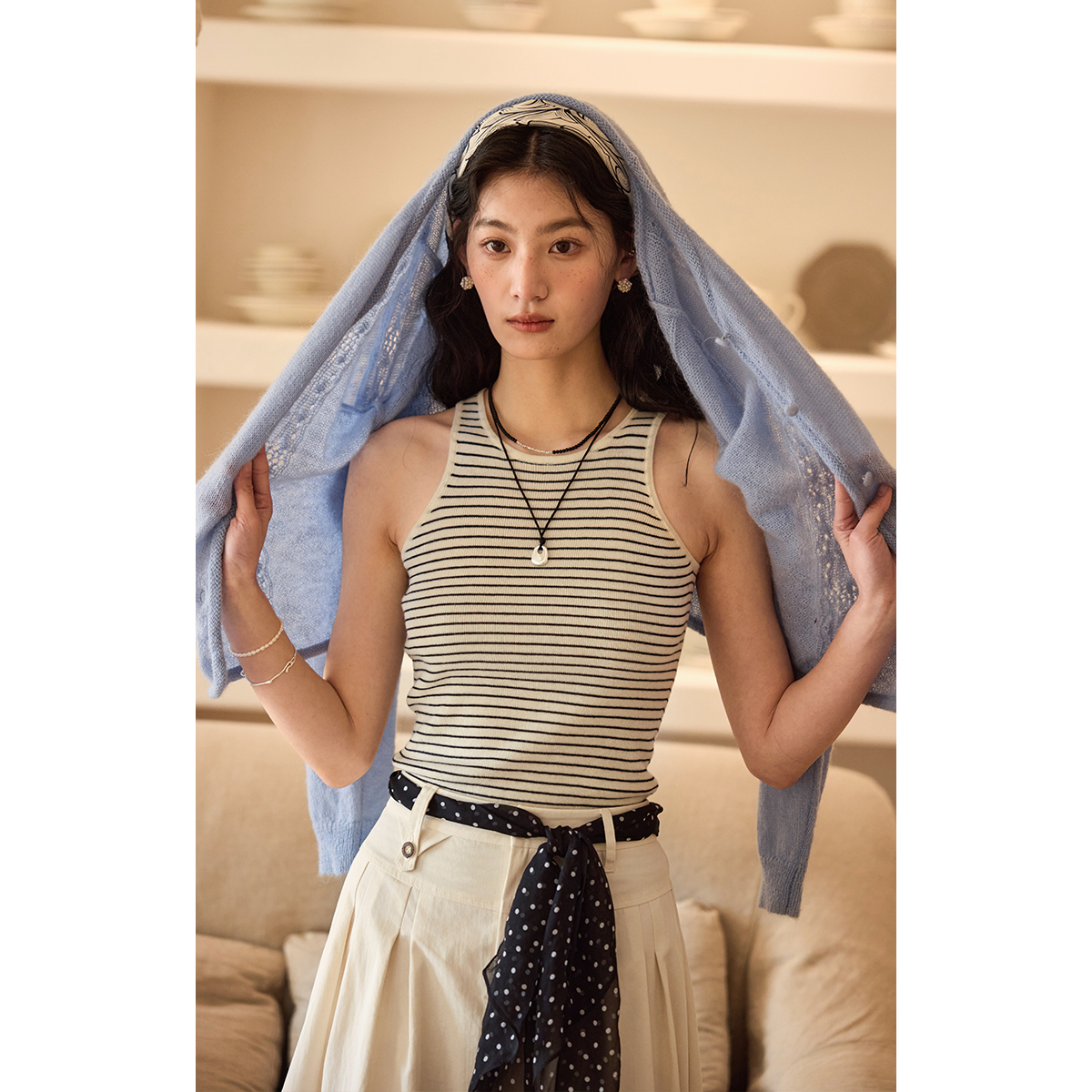 solighter法式条纹圆领针织背心