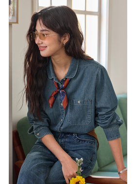 solighter 法式复古长袖牛仔衬衫女秋季2025新款宽松显瘦衬衣上衣