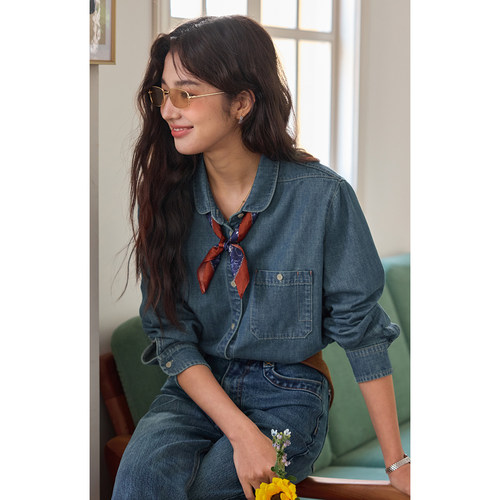 solighter法式复古长袖牛仔衬衫