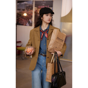 2025新款 solighter 外套女春季 复古仿麂皮绒西装 棕色休闲外套 法式