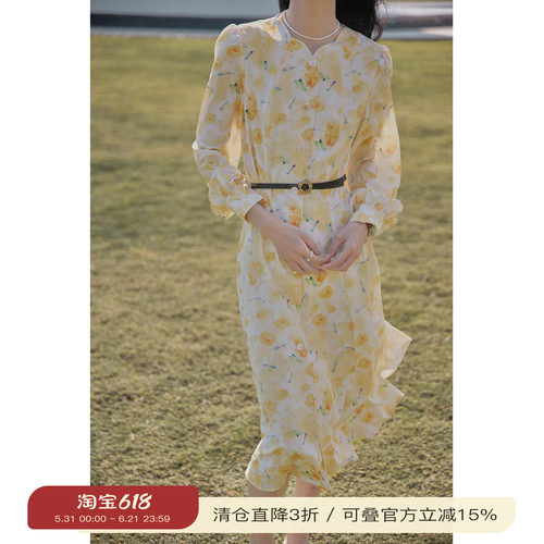 solighter法式复古碎花连衣裙2025早春新款A字气质雪纺中长油画裙