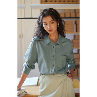 法式 2026新款 复古蓝色长袖 女春季 宽松显瘦衬衣上衣 衬衫 solighter