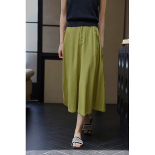 solighter柔棉竹节亚麻半身裙2025春季 复古高腰显瘦中长伞裙 新款