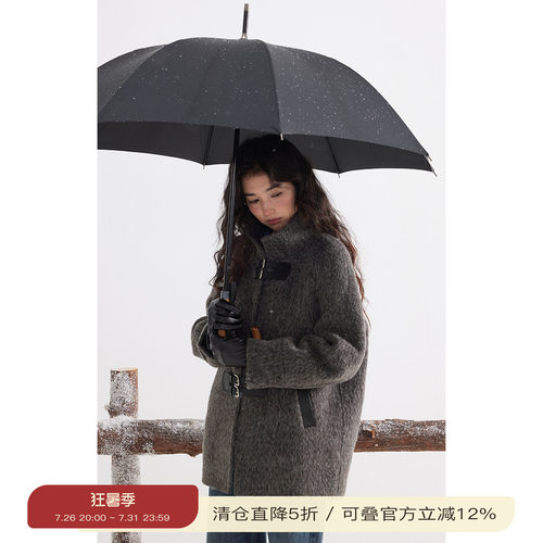 solighter撞色皮袢双面呢大衣