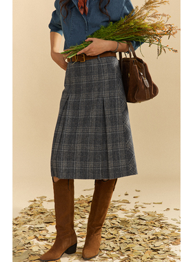 solighter 法式复古毛呢羊毛格子半身裙女秋冬新款显瘦a字裙中裙