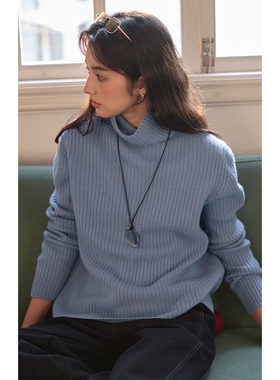 solighter 100%羊毛无缝一体坑条高领打底衫女秋冬新款针织上衣