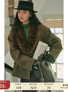 【12/15 零点新品9折】solighter 羊毛可拆卸毛领收腰大衣女秋冬