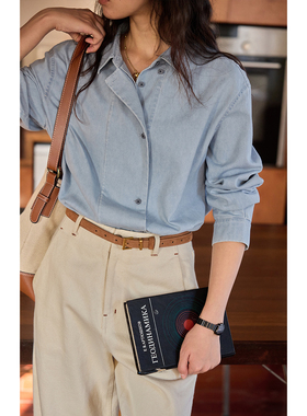 solighter 法式复古双排扣牛仔衬衫女秋季2025新款宽松长袖衬衣