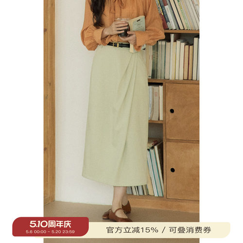 solighter高腰捏褶直筒半身裙