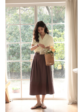 solighter 法式白色a字半身裙女春季高腰显瘦伞裙