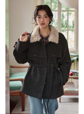 solighter 圈圈羊毛短款收腰毛呢外套女秋冬新款宽松毛领加厚外套