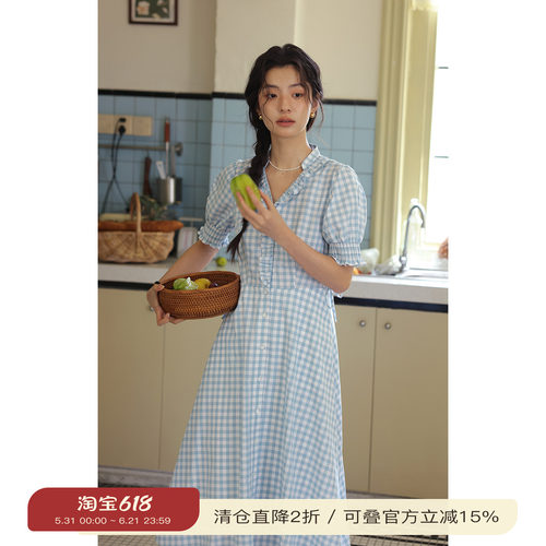 solighter法式v领格子连衣裙