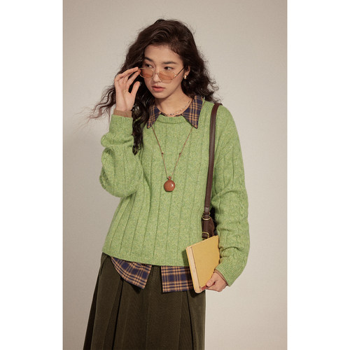 solighter法式羊毛圆领坑条毛衣