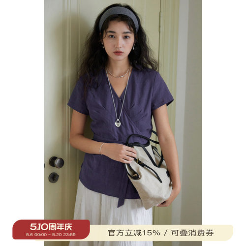 solighter苎麻v领绑带收腰衬衫