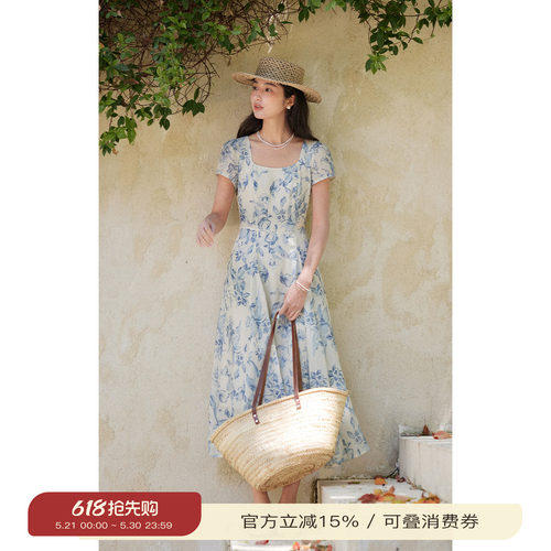 solighter苎麻方领碎花连衣裙