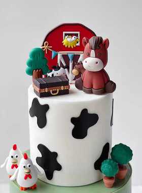 开心农场蛋糕装饰牦牛绵羊小马小猪玩偶摆件田园木屋马棚软胶插牌