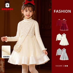 巴布豆女童秋冬连衣裙两件套过年服加绒公主裙2026新款 儿童背心裙