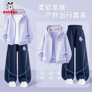 巴布豆童装套装女童春秋2026新款大童连帽外套宽松百搭儿童运动裤