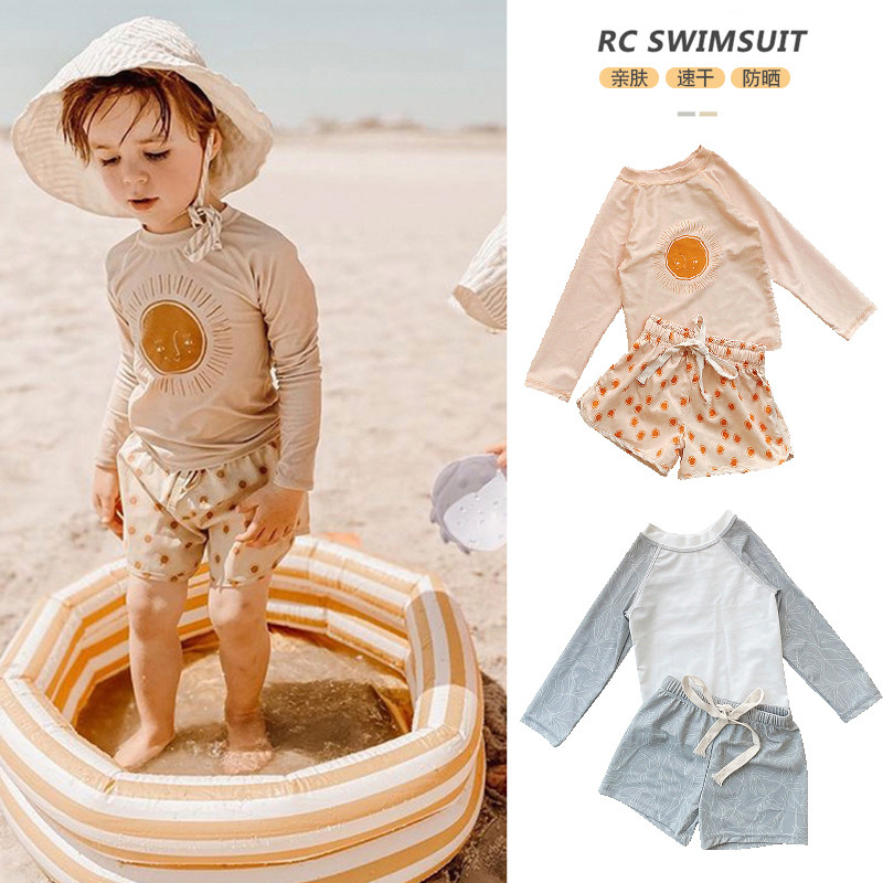 新款男童泳衣分体网红长袖防晒游泳B衣ins中小童男孩沙滩泳裤套装