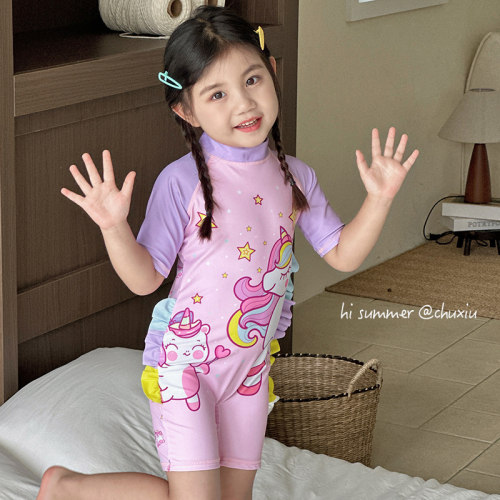 雏袖女童连体卡通彩边游泳衣