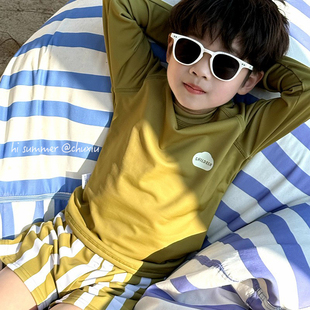 防晒速干游泳衣中小童学生洋气度假泳装 新款 儿童泳衣男童分体长袖