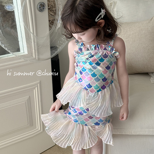 女童美人鱼连体泳衣儿童女宝宝洋气裙式 中小童女孩速干游泳衣 泳装