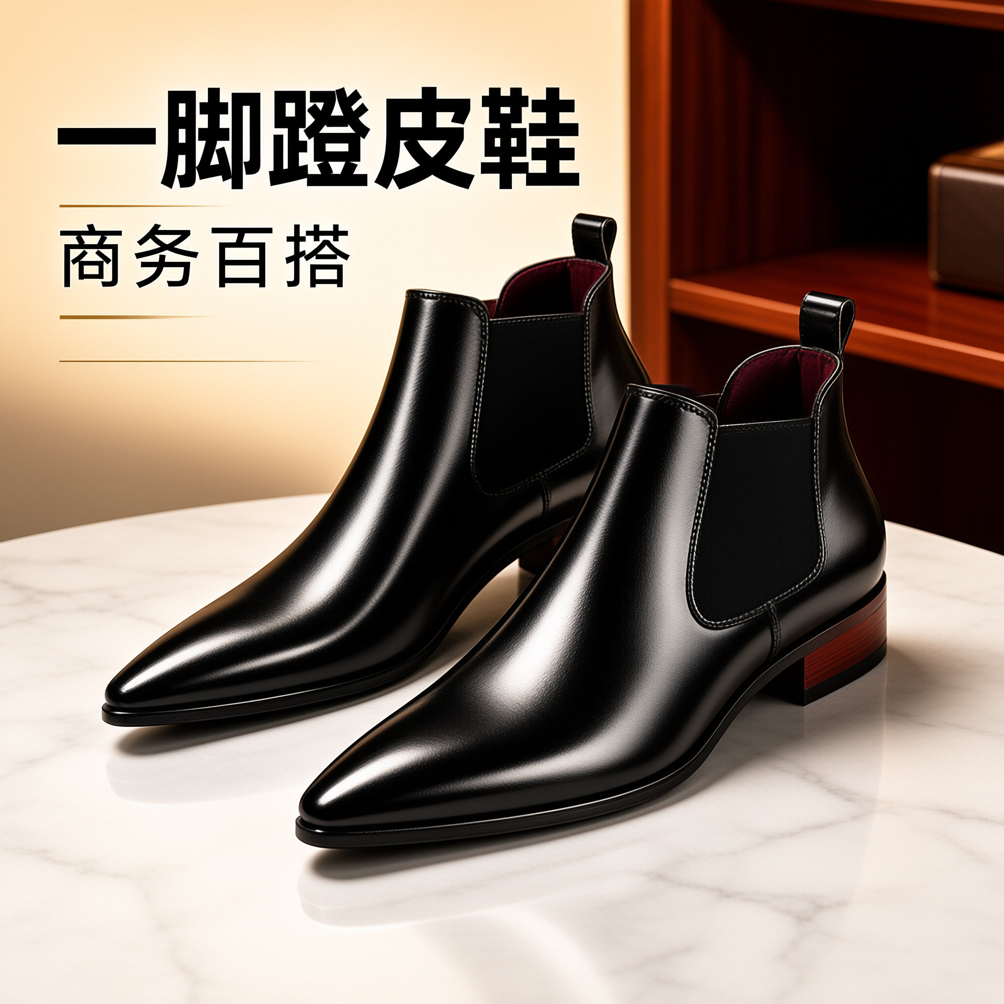 2026新款商务风真皮切尔西靴男英伦尖头正装皮鞋一脚蹬加绒短靴子