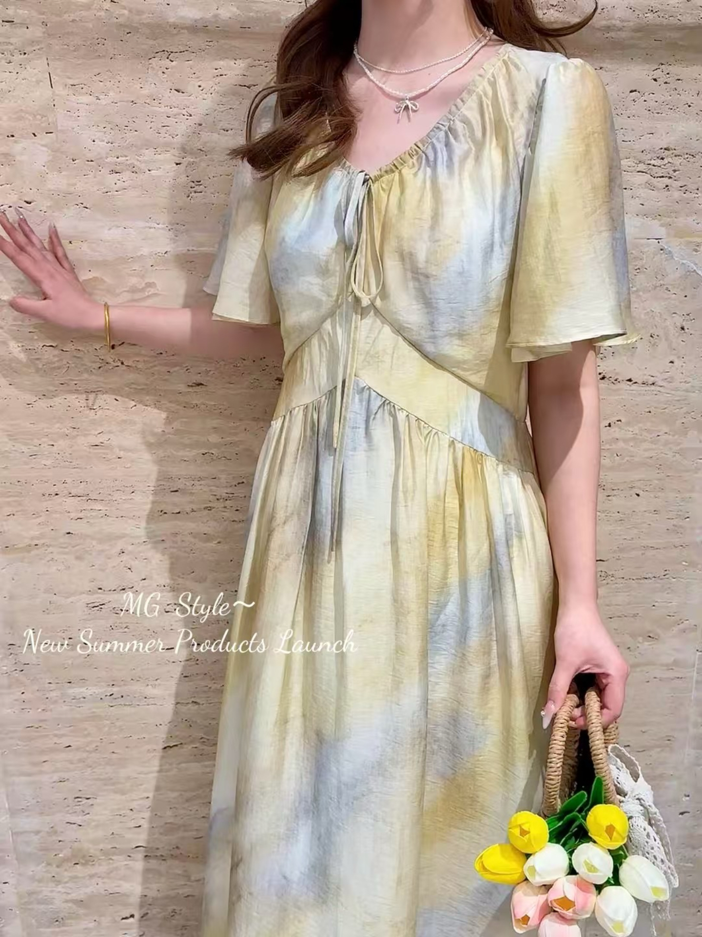2025夏季新款韩版时尚V领短袖晕染印花连衣裙女裙子纤维飘逸长裙