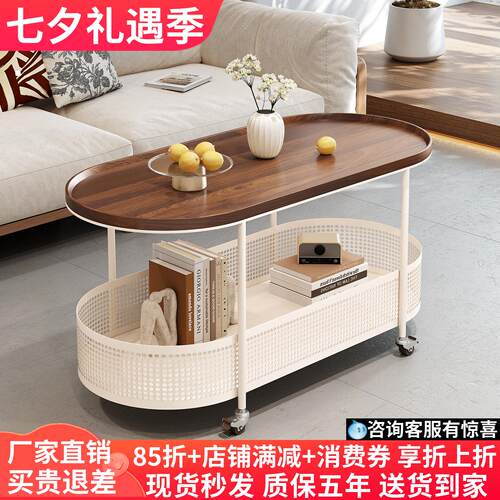 中古风实木双层移动边几小推车