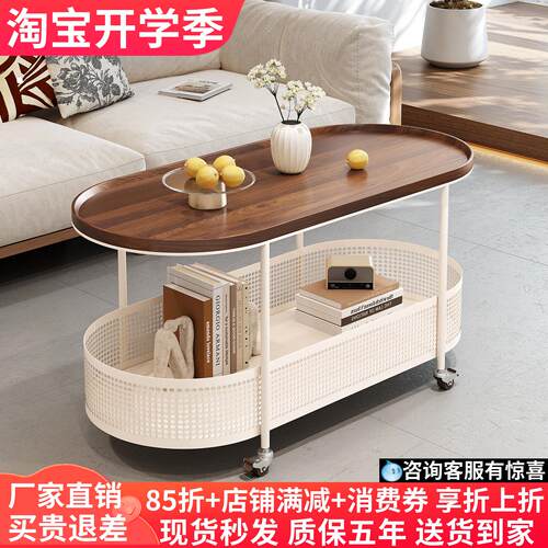 中古风实木双层移动边几小推车