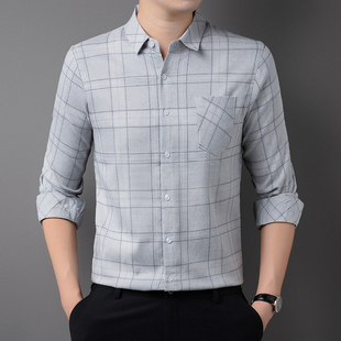 格子长袖衬衫男春秋季冰丝薄款商务休闲免烫抗皱衬衣真口袋爸爸装