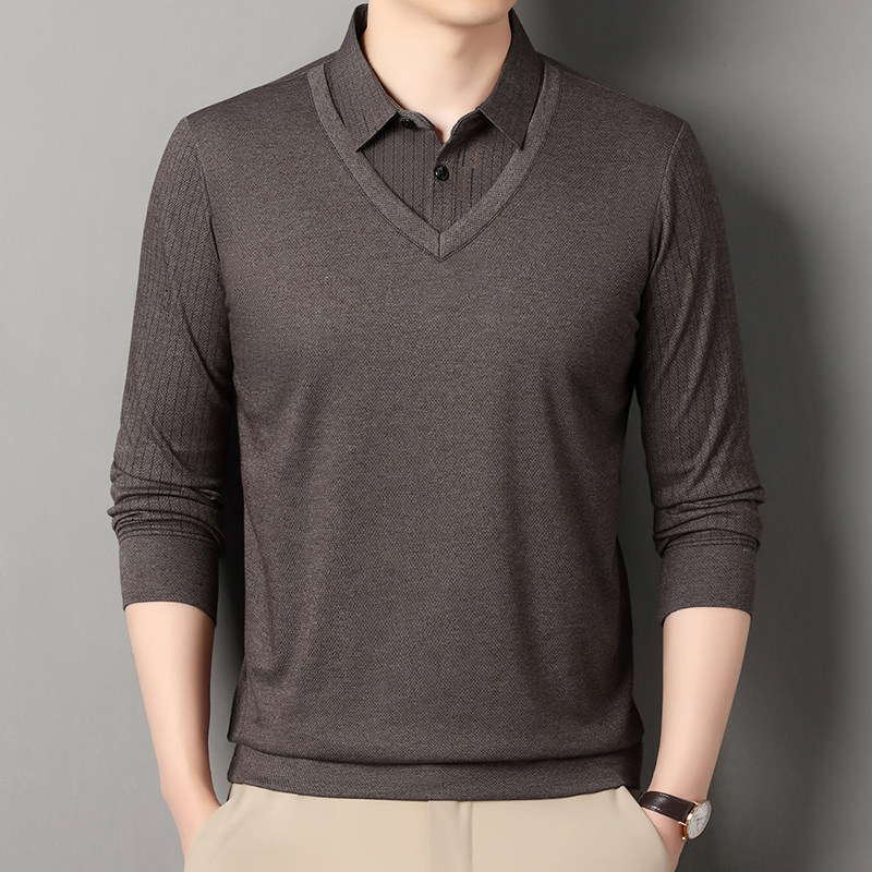 爸爸长袖t恤男士春秋季假两件打底衫中老年衬衫领宽松大码Polo衫,男装,中老年上装,淘宝优惠券,粉丝福利购,淘宝优惠卷