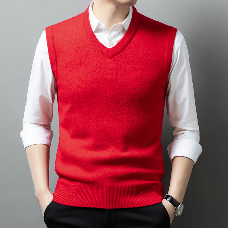 中老年背心马甲针织衫毛衣男春秋季爸爸装无袖纯色V领羊毛衫坎肩