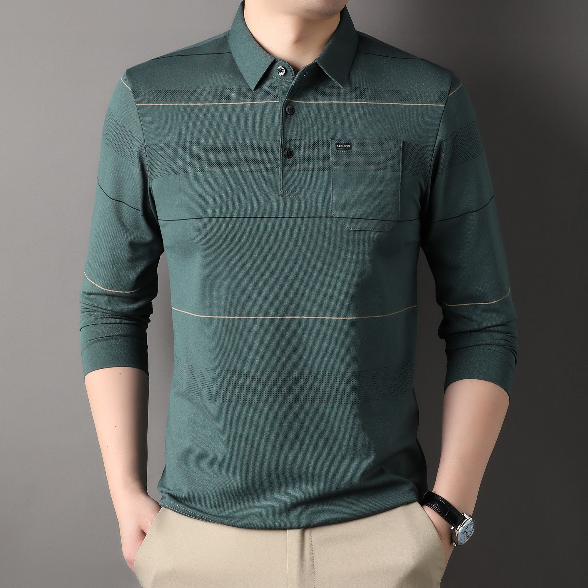 Polo衫男士口袋条纹长袖T恤春秋款中老年翻领休闲宽松爸爸装上衣