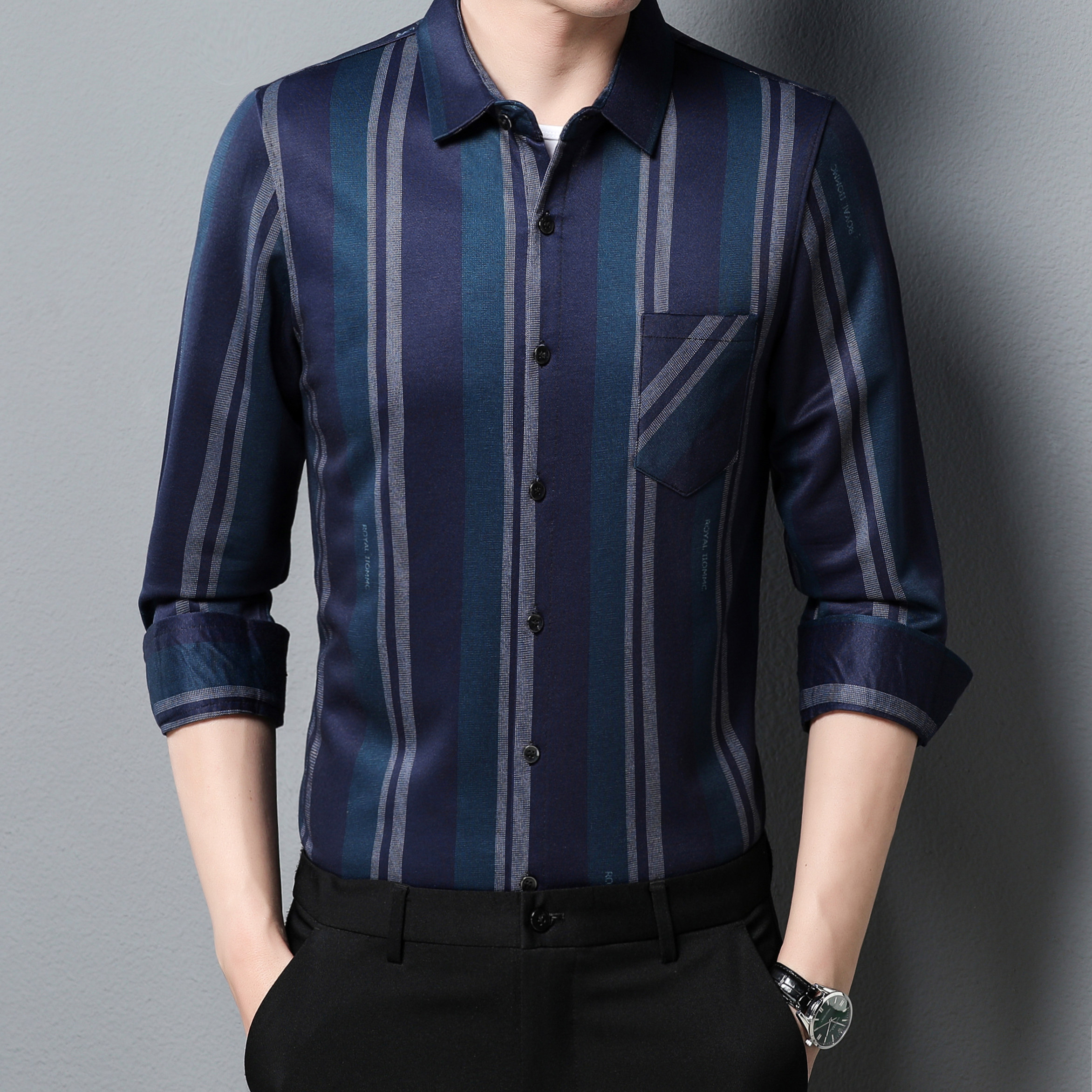 春秋新款冰丝长袖衬衫男士商务休闲条纹衬衣免烫抗皱真口袋爸爸装