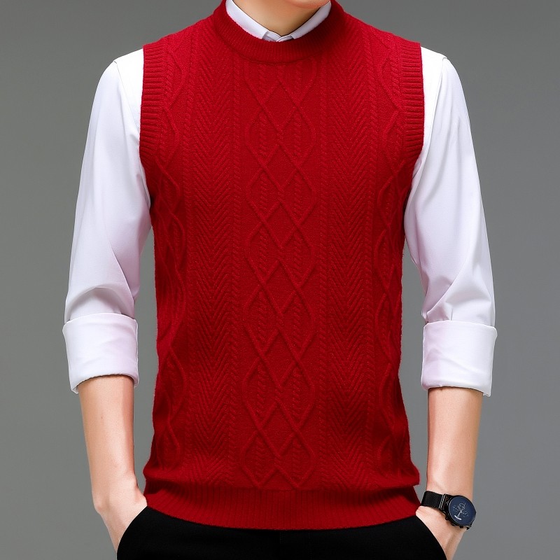 爸爸羊毛背心春秋季男士针织衫中老年圆领红色毛衣提花坎肩马甲男