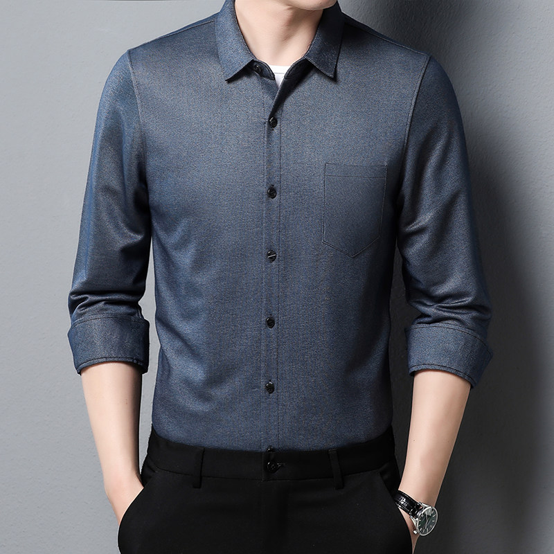 长袖衬衫男士中年商务休闲宽松衬衣爸爸装真口袋纯色免烫抗皱寸衫