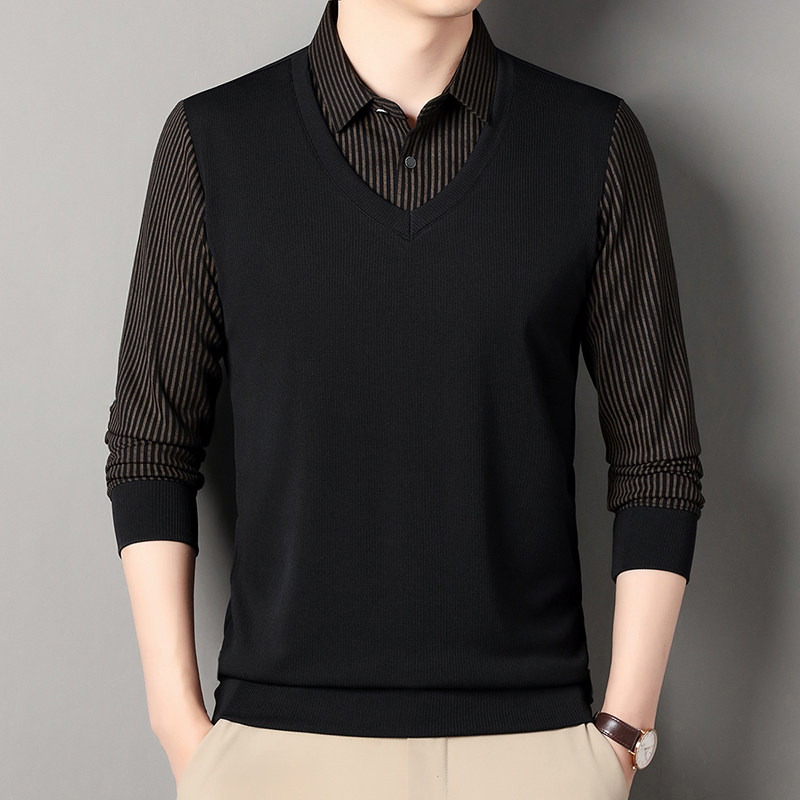 春秋季长袖假两件t恤爸爸装免烫抗皱商务休闲条纹衬衫领Polo衫男,男装,中老年上装,淘宝优惠券,粉丝福利购,淘宝优惠卷