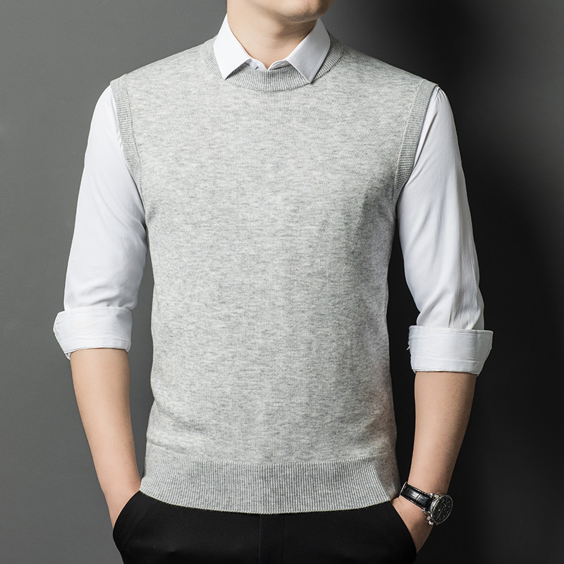 男士背心马甲春秋季圆领毛衣纯色无袖马夹针织衫坎肩爸爸装打底衫