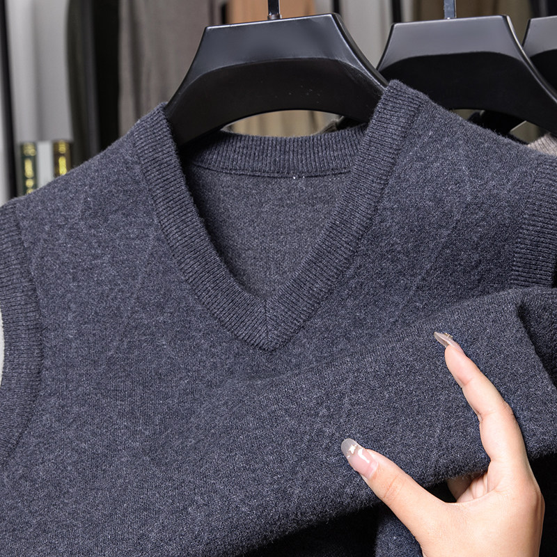 男士背心春秋季纯色V领中老年爸爸男装冬季针织坎肩无袖毛衣马甲