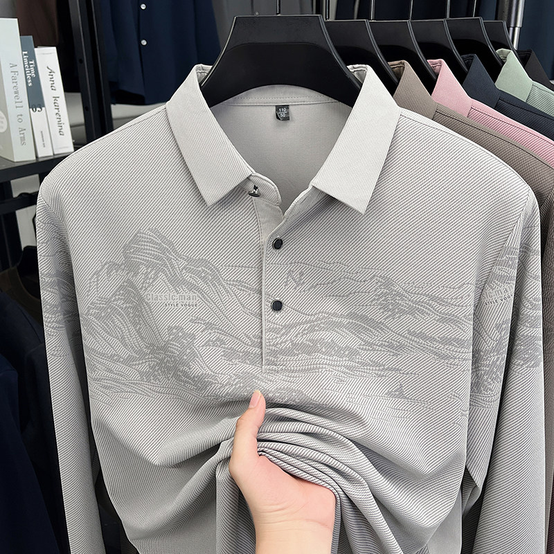 男士长袖t恤翻领春秋季薄款爸爸装商务休闲印花透气Polo衫上衣服