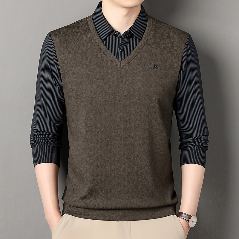 爸爸装假两件长袖t恤男士春秋款中老年休闲宽松衬衫领打底衫上衣,男装,中老年上装,淘宝优惠券,粉丝福利购,淘宝优惠卷